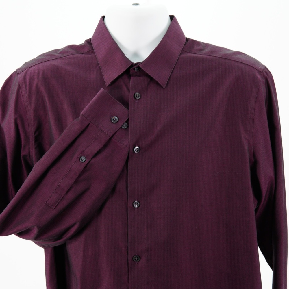 Calvin Klein Steel+ Mens Slim Fit Herringbone Purple Dress Shirt L 16 34/35
